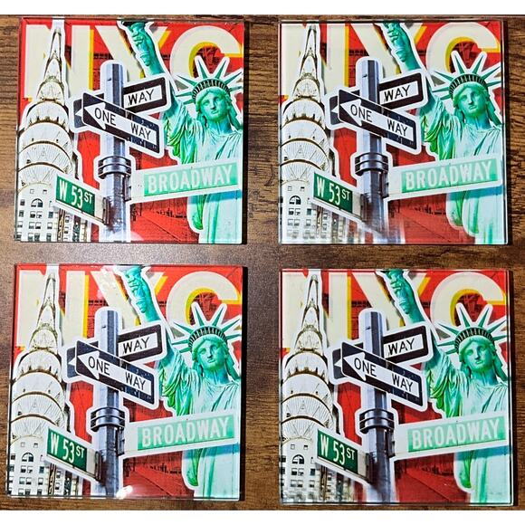Set of 4 LSArts New York City NYC Non Slip Glass Coasters 4"X4" - Picture 1 of 8